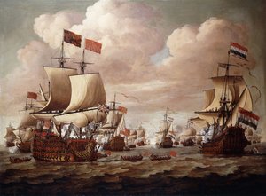 Die englischen und niederländischen Flotten tauschen Grüße auf See mit der "Prince" und der "Gouden Leeuw" im Vordergrund, 1684