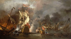 Ein englisches Schiff im Kampf mit Barbareskenpiraten von Willem van de Velde the Younger