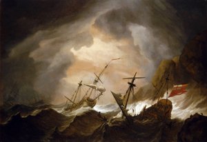 Zwei britische Schiffe im Sturm nahe einer felsigen Küste. Öl auf Leinwand, um 1700, von Willem van de Velde (1633-1707).