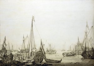 Eine Vielzahl von Schiffen in einem überfüllten Hafen, historisch verbunden mit der Reise von Charles II. von England (1630-1685) nach Den Haag (Holland) im Jahr 1660, während der Wiederherstellung seiner Macht über den englischen Thron