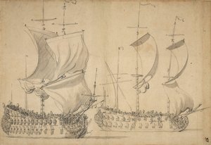 Ein englisches Dritt- und Viertklasseschiff unter leichter Segel, ca. 1677
