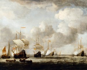Eine niederländische Flotte kommt bei einer Brise vor Anker