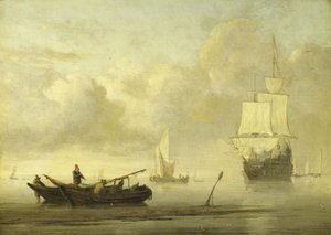 Schiffe nahe der Küste bei ruhiger See von Willem van de the Younger (attr.to) Velde