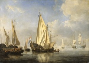 Schiffe in ruhiger See mit einer Staatsyacht am Ende eines Piers, ca. 1680