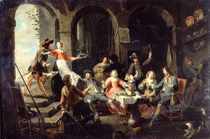 Elegante Gesellschaft beim Feiern in einem Innenraum mit Dienern