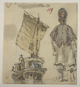 119 Boot- und Figurenstudien, aus einem Album von 372 Zeichnungen von Landschaften, Küstenlinien, Kostümen und Alltagsleben, erstellt während Lord Macartneys Gesandtschaft an den Kaiser von China, zwischen 1792 und 1794 (Bleistift & Aquarell auf Papier)
