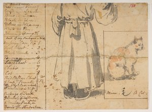 180 Katze, Figur und Liste von Alexanders Gepäck, aus einem Album mit 372 Zeichnungen von Landschaften, Küstenlinien, Kostümen und Alltagsleben, erstellt während der Gesandtschaft von Lord Macartney zum Kaiser von China, zwischen 1792 und 1794 (Bleistift u