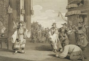 Eine Szene in einem historischen Stück auf der chinesischen Bühne, graviert von James Heath, veröffentlicht von G. Nicol, 1796