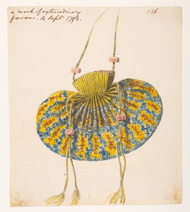Ein Zeichen außergewöhnlicher Gunst, Seidenbeutel, der George Thomas Staunton vom Kaiser Kien Lung gegeben wurde, aus einem Album von 372 Zeichnungen von Landschaften, Küstenlinien, Kostümen und Alltagsleben während der Botschaft von Lord Macartney an den 