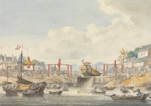 Barken der Botschaft werden von einem Kanal zum anderen gehoben auf ihrem Weg von Han-Tcheou-Foo nach Tchu-San, 16. November 1793