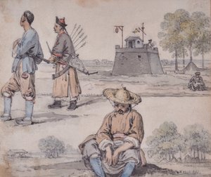 Chinesische Figuren (eine davon ein Bogenschütze) von William Alexander