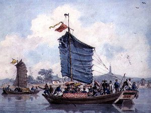 Chinesische Flussszene mit Segelbooten