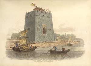 Ansicht eines Schlosses. Beschrieben als in der Nähe der Stadt Tien-sin. Innerhalb der Zinnen befindet sich ein Gebäude, um Wachen zu schützen, einer von ihnen schlägt einen Gong, um der Garnison die Annäherung eines Vizekönigs oder Mandarins von Rang anzu