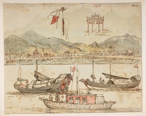 Boote und Triumphbögen, aus einem Album mit 372 Zeichnungen von Landschaften, Küstenlinien, Kostümen und Alltagsleben, erstellt während der Botschaft von Lord Macartney an den Kaiser von China, zwischen 1792 und 1794