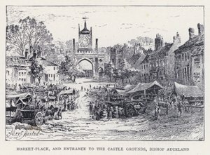 Marktplatz und Eingang zu den Schlossgründen, Bischof Auckland (Stich)