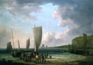 Eine Küstenlandschaft mit Fischern beim Entladen
