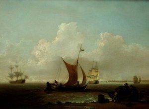Niederländische Schiffe vor der Küste Hollands mit Fischern beim Beladen eines Bootes an Land
