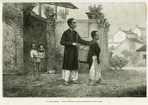 Ein wandelnder Zauberer, ein blinder Masseur. Gravur von Barbotin zur Illustration der Geschichte Trente mois au Tonkin, 1884, von Dr. Paul Hocquard, in Le Tour du Monde 1890, unter der Leitung von Edouard Charton, Hachette, Paris von William Barbotin