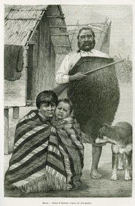 Drei Generationen von Maori. Gravur von Barbotin, zur Illustration der Geschichte Voyage a la Nouvelle Zelande, 1889, von G.Verschuur, in le tour du monde 1890, herausgegeben von Edouard Charton (1807-1890), Hachette, Paris. von William Barbotin