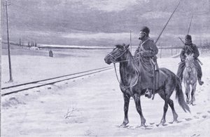 Bewachung der Eisenbahn in der Nähe von Mukden, Illustration aus Cassells Geschichte des Russisch-Japanischen Krieges Band 1, ca. 1900 von William Barnes Wollen