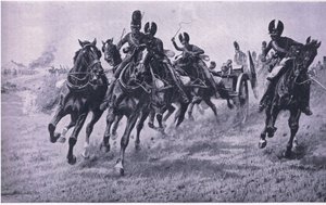 Kanonen an die Front: Waterloo am 18. Juni 1815, Illustration aus Britische Schlachten zu Land und zu Wasser, 1915 von William Barnes Wollen
