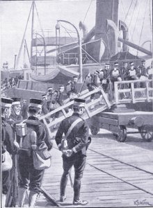 Japanische Truppen gehen in Kobe an Bord, Illustration aus Cassells Geschichte des Russisch-Japanischen Krieges Band 1, ca. 1900 von William Barnes Wollen
