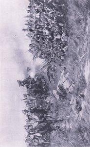 Das 28. Gloucester Regiment empfängt französische Kavallerie bei Waterloo am 18. Juni 1815, Illustration aus Britische Schlachten zu Land und zu Wasser, 1915 von William Barnes Wollen