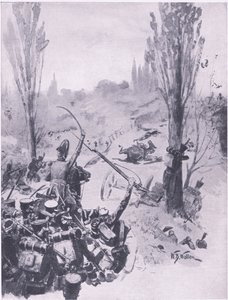 Der Vormarsch der französischen Truppen bei Ligny am 16. Juni 1815, Illustration aus Britische Schlachten zu Land und zu Wasser, 1915 von William Barnes Wollen