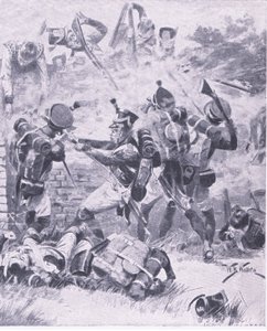 Der Angriff auf die Mauer bei Hougomont: Waterloo 1815, Illustration aus British Battles on Land and Sea, 1915