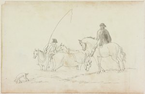 Zwei Männer zu Pferd mit zwei Pferden und Hund von William Beilby