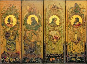 Ein vierblättriger Paravent mit Porträts von Shakespeare, Milton, Chaucer und Spenser von William Bell Scott