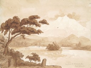 recto: Landschaftsszene mit See und Bergen