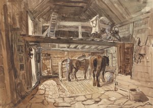 Innenansicht eines Stalls, mit zwei Pferden beim Fressen von William Burgess