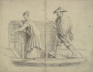 Chinesische Szene. Mann und Frau auf einem Flussboot von William Chambers