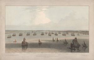 Ansicht der Fregatten, die in der Hope unter dem Kommando der Älteren Brüder des Trinity House, Thames Estuary, stationiert sind von William Daniell