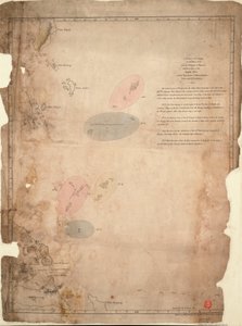 Eine Karte der Inseln im Chinesischen Meer in der Nähe der Straße von Malakka mit den Positionen der englischen Flotte und des Geschwaders von Admiral Linois am 14. und 15. Februar 1804