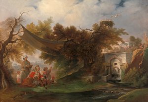Indische Landschaft mit Figuren in der Nähe eines Baches