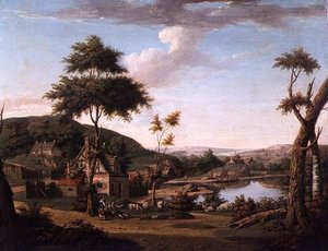 Flusslandschaft mit Figuren vor einem Cottage