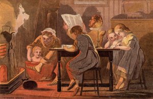 Samstagabend: eine Familie liest und unterhält sich am Abend von William Dickes