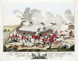 Schlacht von New Orleans und Tod von Generalmajor Packenham am 8. Januar 1815, veröffentlicht 1815 (kolorierte Gravur) von William Edward (after) West