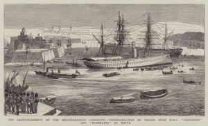 Die Verstärkungen der Mittelmeergarnisonen, Ausschiffung der Truppen von HMS Crocodile und Euphrates in Malta von William Edward Atkins