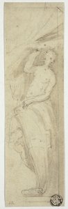 Weibliche Figur zieht Vorhang zur Seite von William Etty