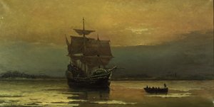 Die Mayflower bei ihrer Ankunft im Hafen von Plymouth, 1882 von William Formby Halsall