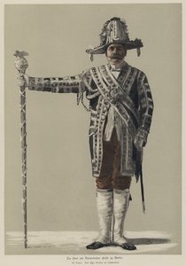 Königlicher Türhüter in Galakostüm bei einem Fest am kaiserlichen deutschen Hof in Berlin (farbige Gravur)