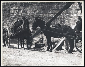 Horizontales Schwarz-Weiß-Foto von zwei pferdegezogenen Wagen in einem Steinbruch