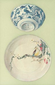 Schüssel, Periode von Chia Ching, und Teller, Periode von Young Cheng, chinesisch (Farblithografie)