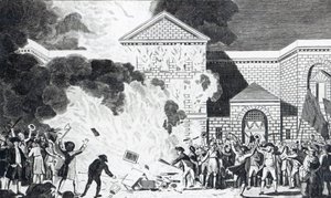 Die Verwüstungen durch die Aufständischen in London, die das neue Gefängnis von Newgate in Brand setzten und die Möbel von Mr. Akerman verbrannten, 6. Juni 1780, graviert von T. Thornton von William Hamilton