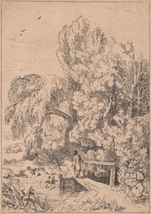 Landschaft mit Bäumen, Mädchen überquert Fußbrücke von William Havell