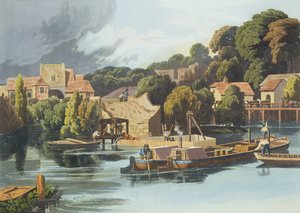 Wallingford Castle im Jahr 1810 während der Brückenreparaturen, graviert von Robert Havell dem Jüngeren, veröffentlicht 1818 von William Havell