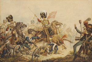 1. Life Guards greifen die französische Artillerie in der Schlacht von Waterloo 1815 an, 1820 von William Heath